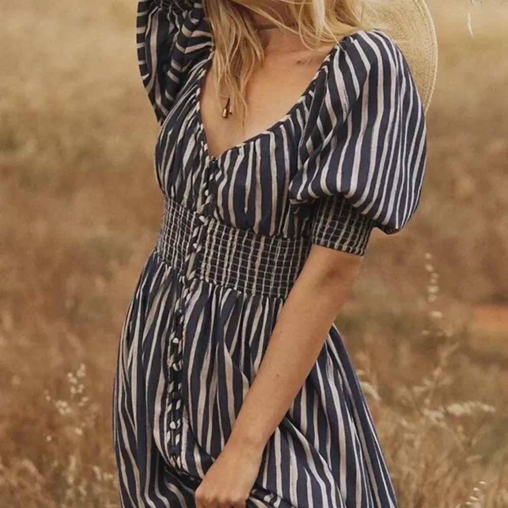 Anthropologie Long Sleeve Sweetheart Maxi Midi Dress Blue Motif - Picture 6 of 9